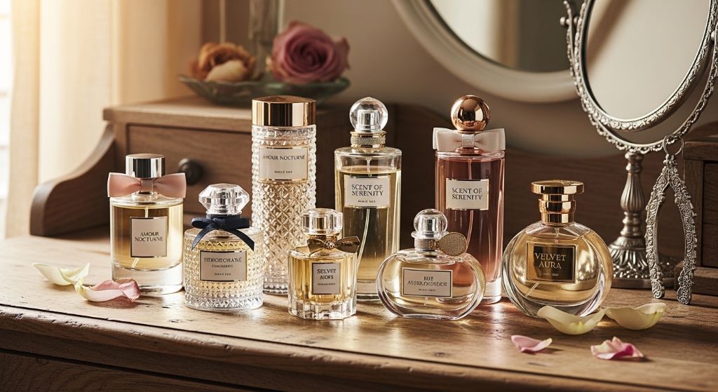 Collection of affordable luxury perfume bottles arranged on vanity table