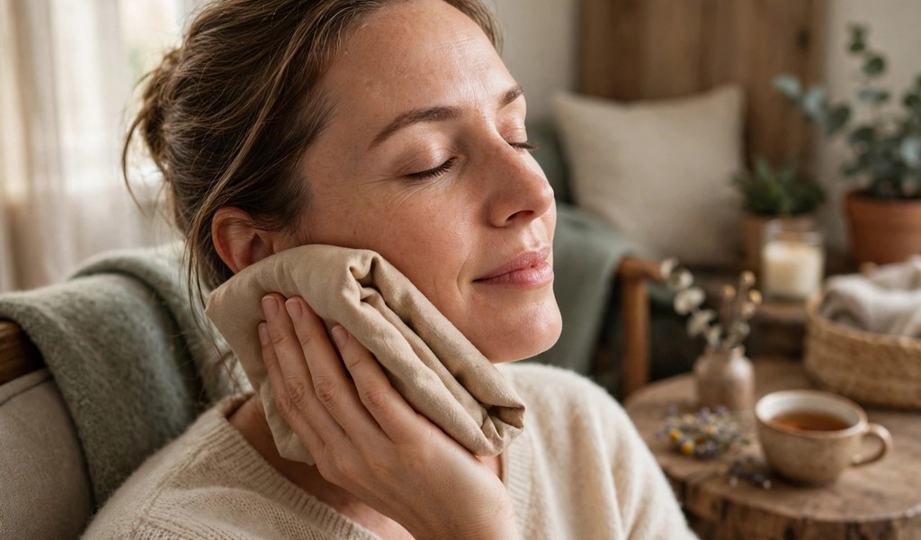 Warm compress resting against a relaxed jaw and cheek