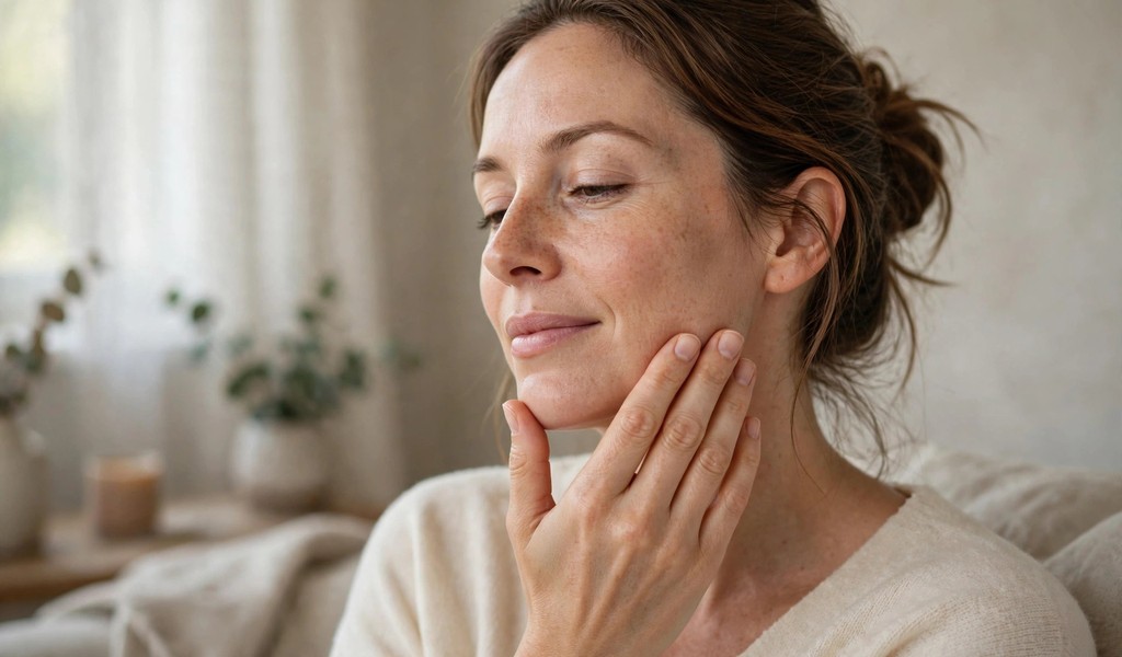 Adult gently massaging jaw muscles in a softly lit room